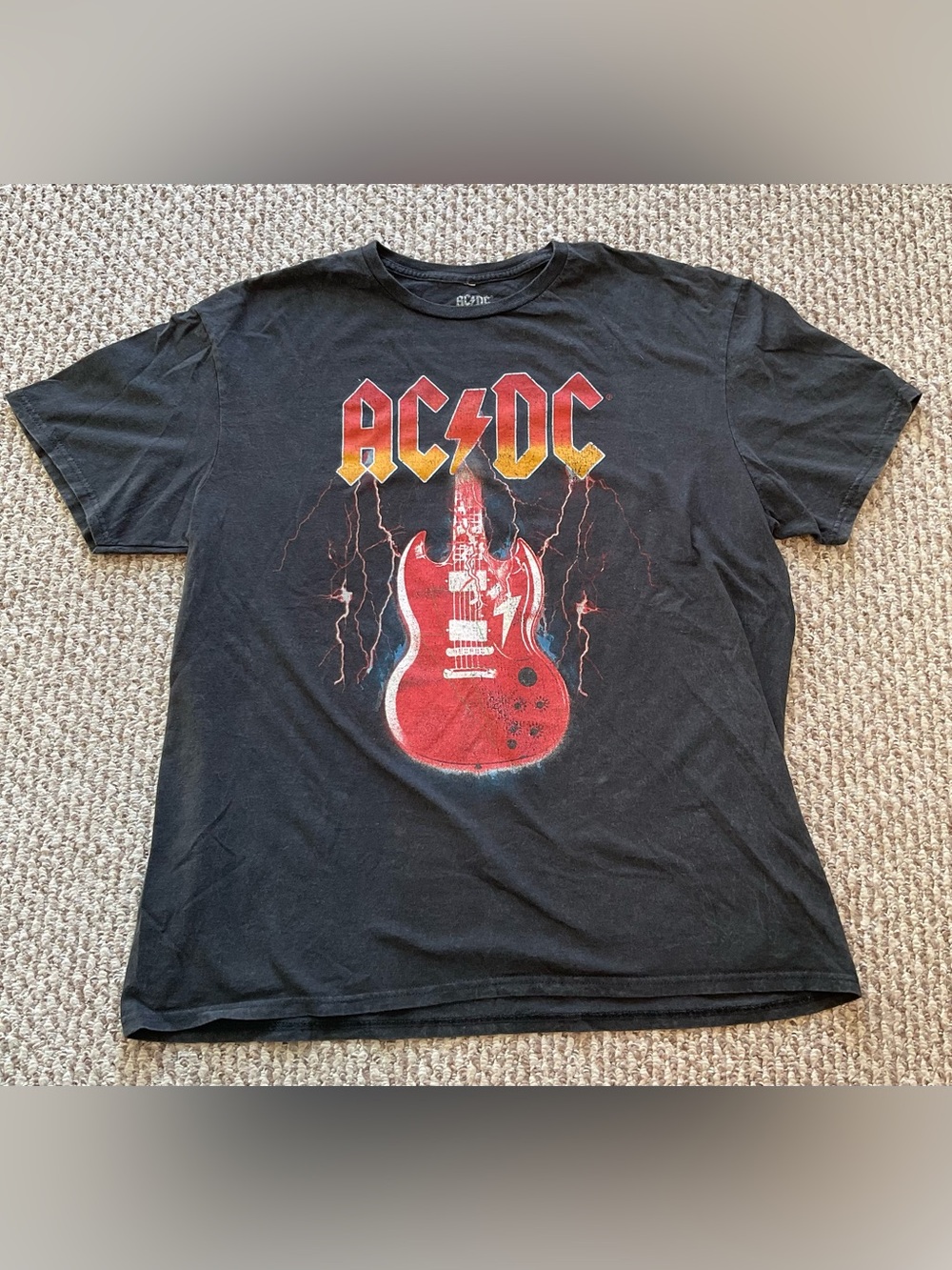 AC/DC Distressed T-Shirt with Red Guitar and Yellow-Orange Logo - Size XL